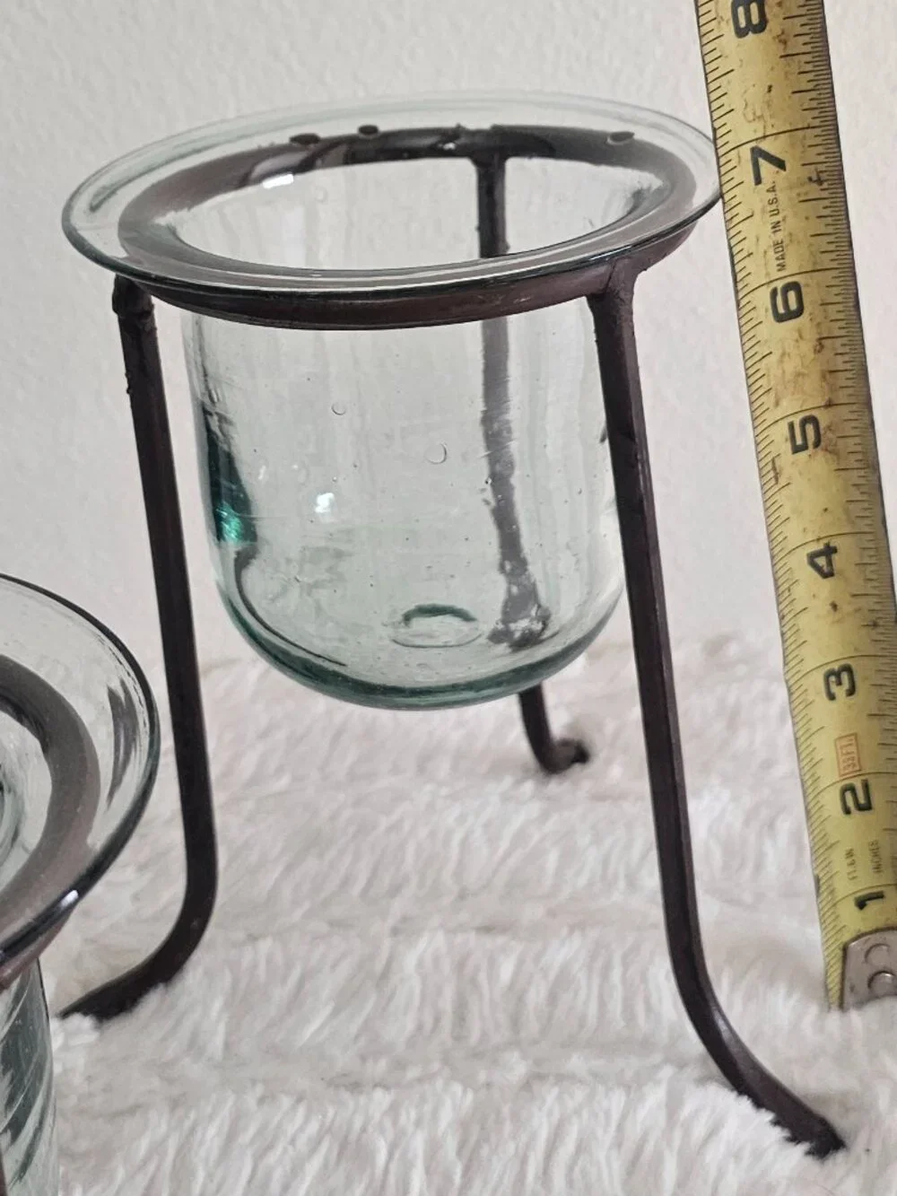 Wrought iron and hand-blown glass candle holders